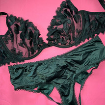Victoria&#39;s Secret unlined 34C,34DD BRA SET M panty emerald GREEN floral applique - £62.27 GBP