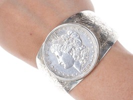 1880 Silver Dollar in Hand Engraved sterling mount bracelet - £224.83 GBP