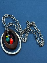 Silvertone Chain w Brown Open Wood Oval &amp; Brightly Colored Plastic Bead ... - £7.47 GBP