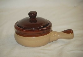 Vintage Stoneware Pottery Individual Soup Chili Bean Pot w Lid Handled Brown b - £13.40 GBP