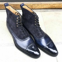 New Handmade Men&#39;s Two tone Ankle dress boot, Men Navy blue leather lace up boot - $148.49