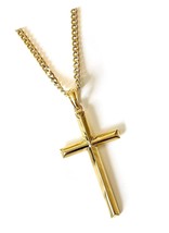JEWELRY 24K Gold Chain SMALL Bevel Cross Pendant 3MM - £375.72 GBP