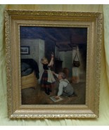 Antique Oil Painting of Children playing with Marionette Doll in the Old... - $748.00