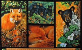 24.5&quot; X 44&quot; Panel Woodland Animals Foxes Black Bears Cotton Fabric D478.53 - £7.43 GBP