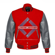 Unisex American Varsity College Red Wool Jacket with Gray Real Leather Sleeves - £69.05 GBP+