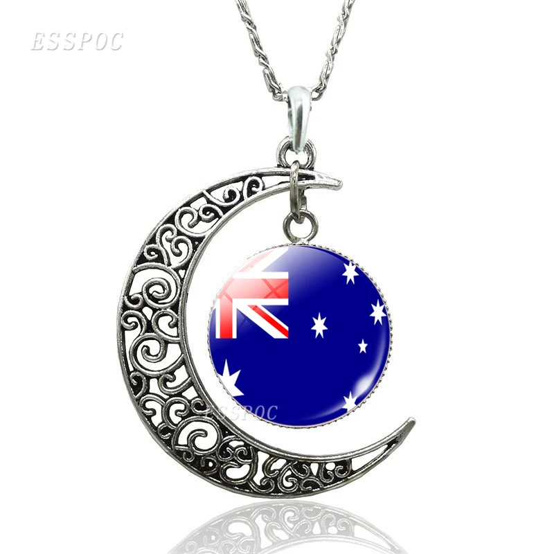 Sporting National Flags Spain Canada Russia USA Italy Charm Crescent Moon Aklace - £18.44 GBP