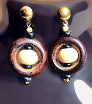 Vintage Two-Tone Wood Drop Dangle Earrings w/Brass Accents - $15.48