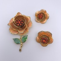 Demi Weiss Signed Orange Enamel Dimensional Rose Flower Rhinestone Centers Pin - £26.00 GBP