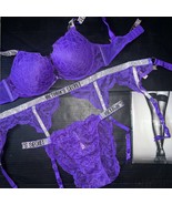 Victoria's Secret 36D BOMBSHELL BRA SET+garter+M panty neon Purple SHINE STRAP - $168.29