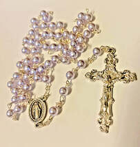 Blue Faux Pearl Rosary, New # AB-095 - $10.00