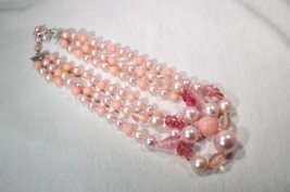 Vintage 3 Strand Pink Glass Bead Necklace K1262 - £38.56 GBP