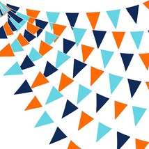 10M/32Ft Navy Blue Orange Pennant Banner Fabric Triangle Flag Cotton Bunting Gar - £23.97 GBP