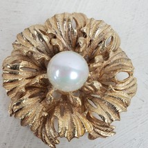 Antique Estate Brooch Gold Tone w/ Faux Pearl 2.25&quot; Rhinestone - £29.43 GBP