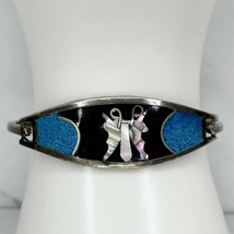 Vintage Silver Tone Blue Turquoise Abalone Shell Butterfly Hinge Bangle Bracelet - £19.73 GBP
