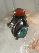 Navajo ring coral turquoise size 3.50 sterling silver women - $54.45