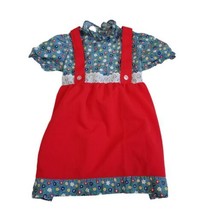 Vintage 70s 2T Girls Dress Pinafore Apron Red Ditsy Floral Eyelet Lace One Piece - £22.34 GBP