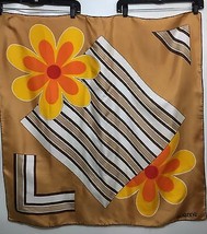 Vivienne Mod Yellow Orange Flowers on Brown Silk 34&quot; Square Vintage Hand-Rolled - £21.88 GBP