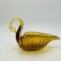 Swan Bowl Glass Figurine Vintage Art Amber Orange Candy Dish Decorative - $28.71