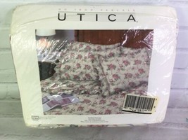 VTG Utica Percale Twin Sheet Set Flat Fitted Pillowcase Floral Ribbons USA Made - £35.24 GBP