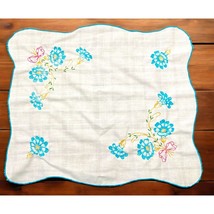 Linen Blue Flower Bouquet Placemat Vtg Hand Embroidered Flowers Mini Tablecloth - £11.72 GBP