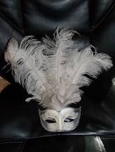 White Silver Glitter and Lace Masquerade Mask w/ Smoke Gray Feathers Mar... - £20.54 GBP
