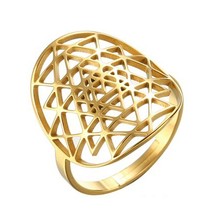 Sri Yantra Ring Gold PVD Plate Stainless Steel Sacred Geometry Golden Proportion - $14.99