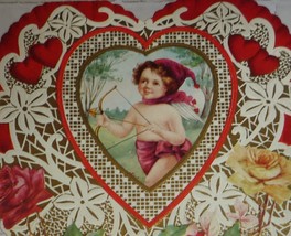 1910&#39;s Antique Heart Shaped Valentine Card With Cupid, Hearts and Roses  - £10.84 GBP