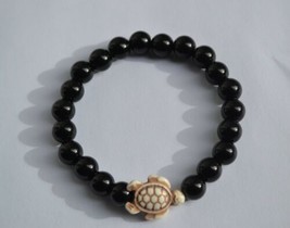 handmade Natural Black agate turquoise turtle Elastic Stretch Cord Bracelet - £11.73 GBP