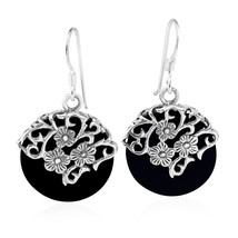 Elegant Flowers on a Vine Black Onyx Circle Sterling Silver Dangle Earrings - £21.51 GBP