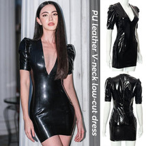 Sexy Wet Look PU Leather Bodycon Dress Deep V Neck Shiny Short Dress Clu... - £19.53 GBP