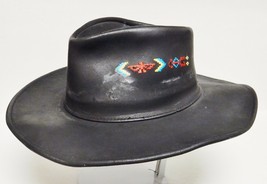 HH HENSCHEL Waxed Leather Hat Cowboy Western Thunderbird Embroidery Black L VTG - £63.90 GBP