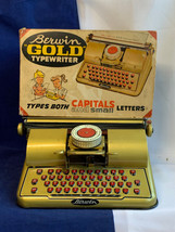 Vtg Berwin Gold Typewriter &amp; Box Tin Litho Toy Black Ribbon Berwin Corp.... - £23.62 GBP