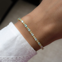 9Ct Oval Cut Lab Created Aquamarine Tennis Bracelet 14K Yellow Gold Plated 7.5in - $261.79