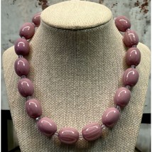 Vintage Purple Beaded Necklace Lavender Swirl Design Oval 14 Inch Choker - £17.39 GBP