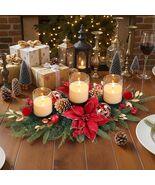 Christmas Candle Holder Centerpiece Poinsettia Votive Trio Hurricane Tab... - $55.73 CAD+