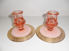 Helsey Elegant Glass Pair of Candle hoolder Pink and Gold FINE Crystal - $62.71