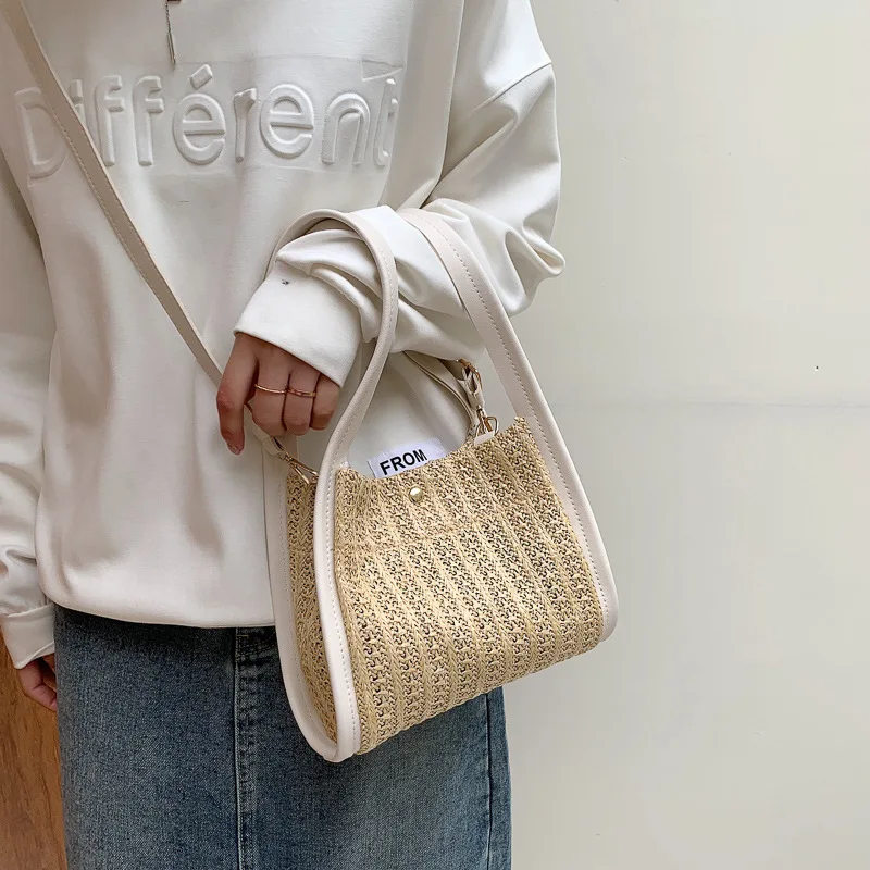 Straw woven handbag women 2023  summer color contrast simple casual beach bag la - £119.73 GBP