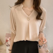 Spring New V-neck Short Sleeve Solid Color Elegant Chiffon Blouse Women Korean L - £42.82 GBP