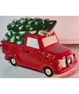 Red Pickup Truck Christmas Tree Ceramic Cookie Jar Winter Wonder Lane - £28.15 GBP