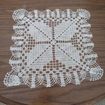 Vintage Crochet Doily Handmade 15&quot; Silver and White Square Leaf Design - $7.70