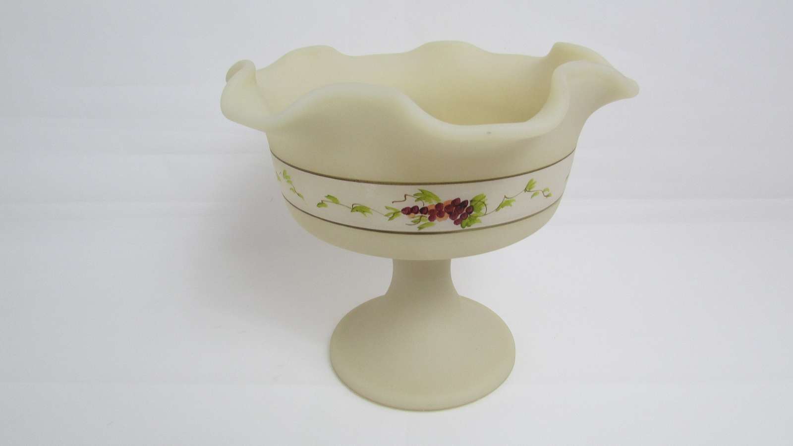 Vintage Fenton Satin Custard Glass Compote  Hand Painted. Grape Clusters. Beige  - $30.00