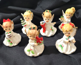 Vtg Josef Originals 6 Christmas Holly Berries Angels 4" Complete Set 1 w... - $334.12