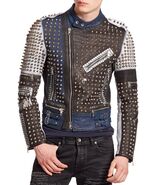 New Handmade Men's Golden Studded Multi Color Leather Jacket Men Style - $260.99