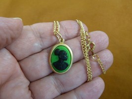 CA30-122 RARE African American LADY green + black CAMEO brass Pendant necklace - $25.23