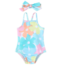 Baby Toddler Swimwear Size 2/3 Colorful Floral Swimsuit w/ Headband New Set - £12.88 GBP