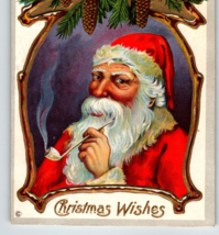 Christmas Postcard Santa Claus Smoking Pipe Embossed Pinecones Stecher Ser 230 E - £11.45 GBP