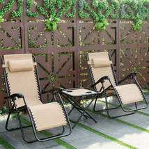 3 Pieces Folding Portable Zero Gravity Reclining Lounge Chairs Table Set-Beige - £129.74 GBP