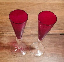 2 Ruby Red &amp; Clear Stemmed Crystal Glass 8.5&quot; Toasting Champagne Flutes ... - £23.40 GBP