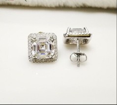 2.80Ct Asscher Cut Simulated Diamond Halo Stud Earrings 14K White Gold Finish - £84.55 GBP