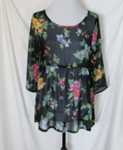 About a Girl Black Sheer Colorful Floral Baby Doll Top Size Medium Los Angeles - £9.56 GBP